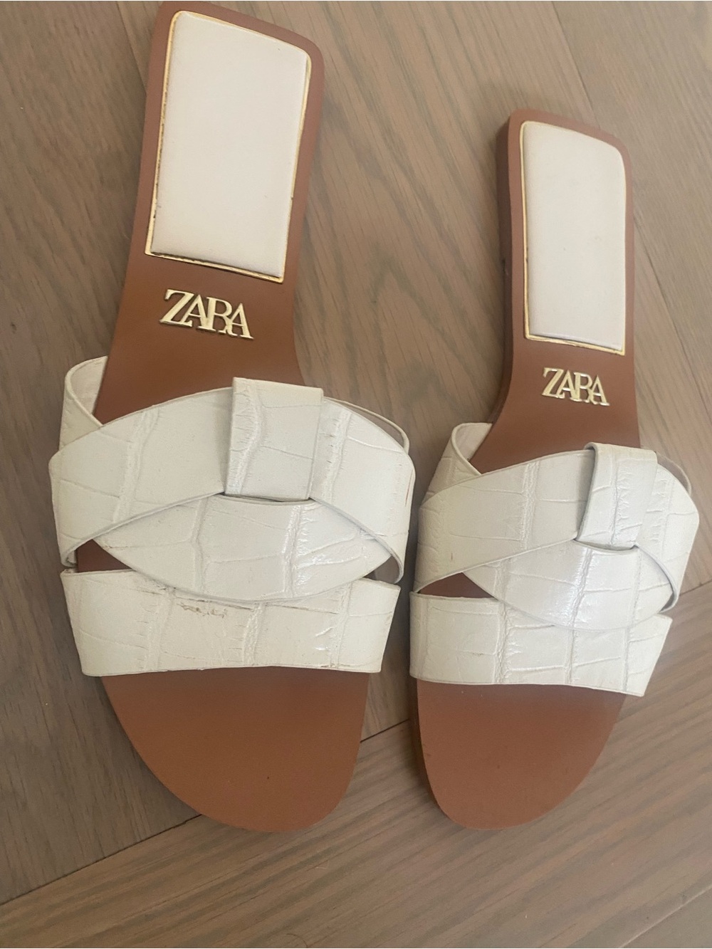 Zara Cream Croc-Embossed Slide Mules with Gold Logo